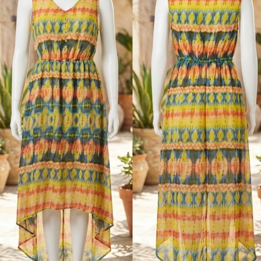 Cassee's Abstract Ikat High-Low Boho Sleeveless Dress Sz M